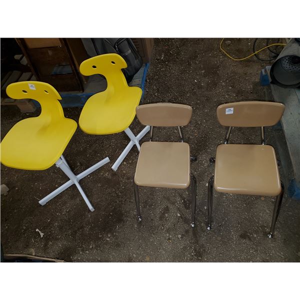 4 CHAIRS - 2 KINDERGARTEN SCHOOL + 2 YELLOW ONES (ONE BENT)