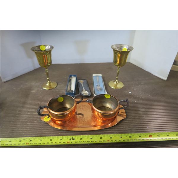 Copper Cream and Sugar, Brass Cups, and Spoons