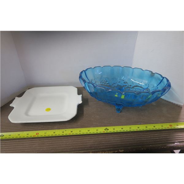 Ceramic Tray and Blue Glass Bowl