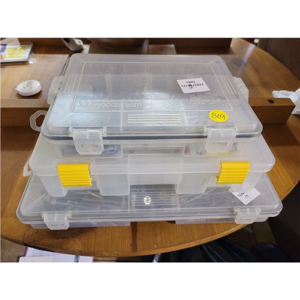 Large lot of assorted nails & screws in clear plastic organizers