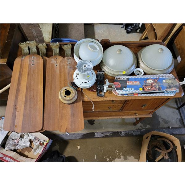 2 ceiling fans, parts and pieces plus 2 ceiling mount lights (2 bulb)