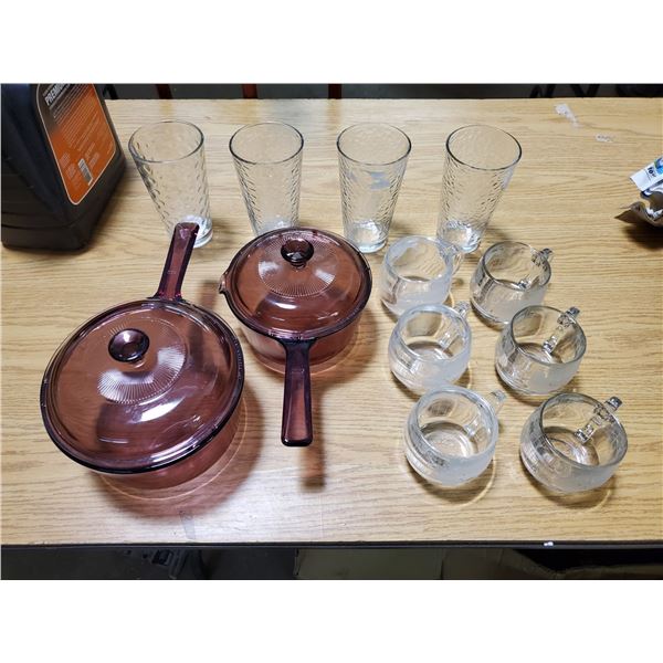NESCAFE, NESTLE GLOBE MUGS, TWO CORNING DISHES, 4 GLASSES