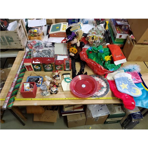 CHRISTMAS LOT -HALLMARK, DECORATIONS, WRAP, STOCKINGS, CHRISTMAS WITCH, ETC