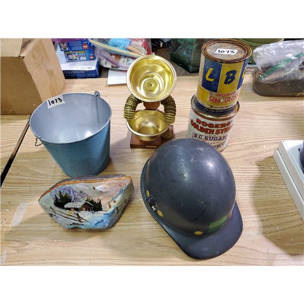 MISC LOT - TINS, BOTTLE CAP FIGURE, HELMET, PAINTED MUSHROOM