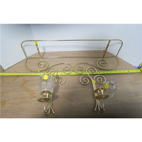 NIB Glass and Brass Shelf and Candle Holders