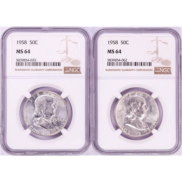 Lot of (2) 1958 Franklin Half Dollar Coins NGC MS64