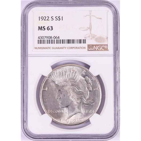 1922-S $1 Peace Silver Dollar Coin NGC MS63