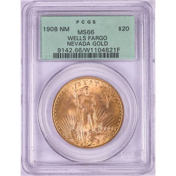 1908 NM Wells Fargo $20 St. Gaudens Double Eagle Gold Coin PCGS MS66 Old Green Holder