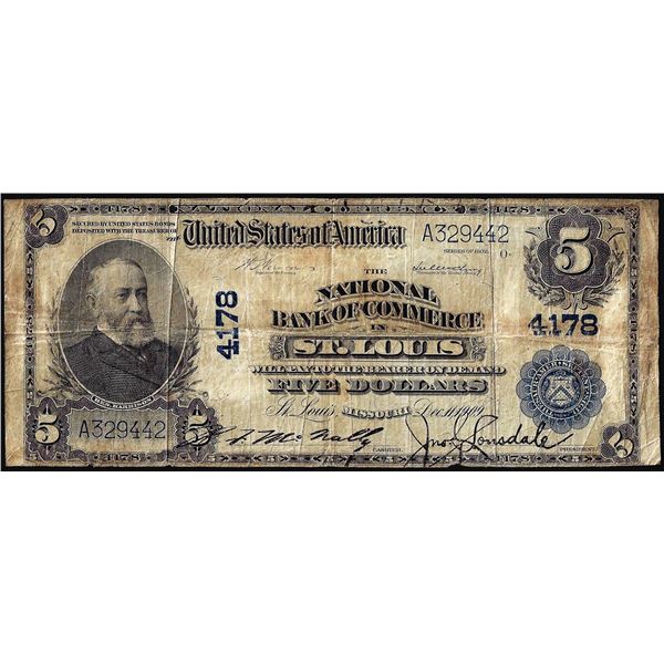 1902 $5 National Bank of Commerce in St. Louis, MO CH# 4178 National Currency Note