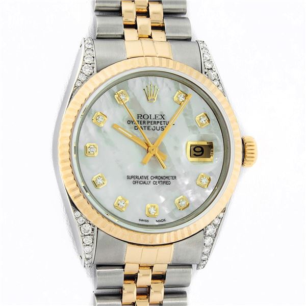 Rolex Men's Two Tone Mother Of Pearl Diamond Datejust Wristwatch