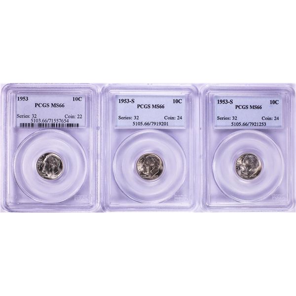 Lot of (3) 1953 & 1953-S Roosevelt Dime Coins PCGS MS66