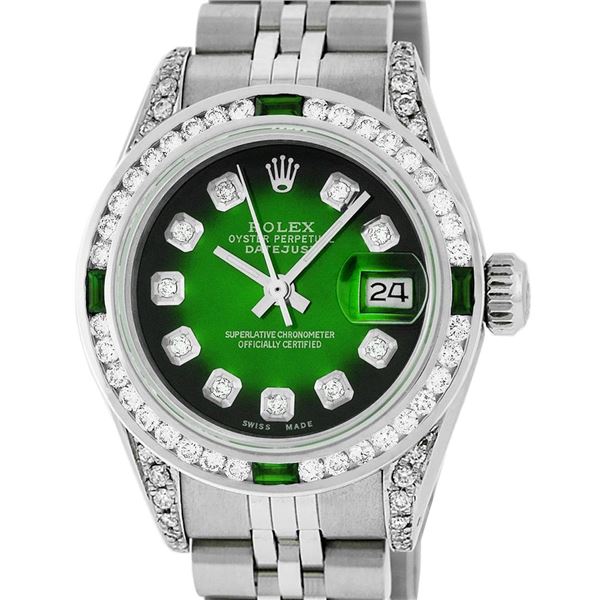 Rolex Ladies Stainless Steel Green Vignette Diamond & Emerald Datejust Wristwatch