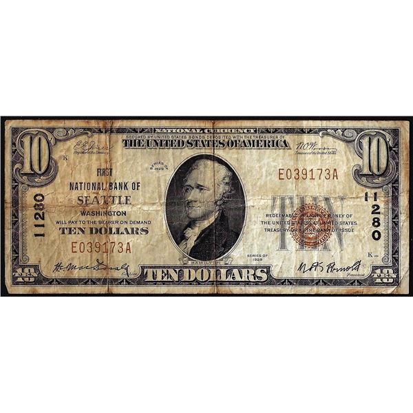 1929 $10 First NB of Seattle, WA CH# 11280 National Currency Note