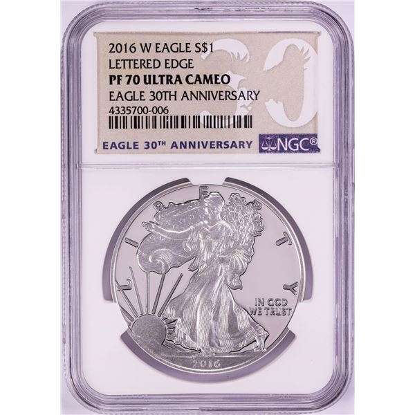 2016-W Lettered Edge $1 Proof American Silver Eagle Coin NGC PF70 Ultra Cameo