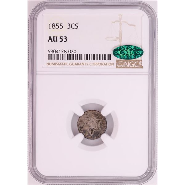 1855 Three Cent Piece Coin NGC AU53 CAC