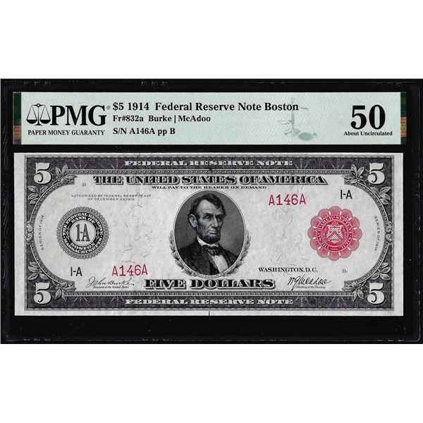 1914 $5 Federal Reserve Note Red Seal Boston Fr.832a PMG About Uncirculated 50