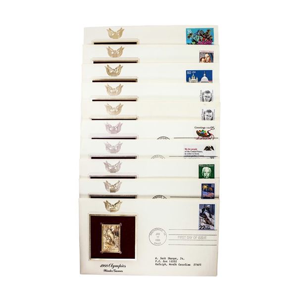 Lot of (10) First Day Of Issue 22KT Gold Replica Stamps in Envelopes