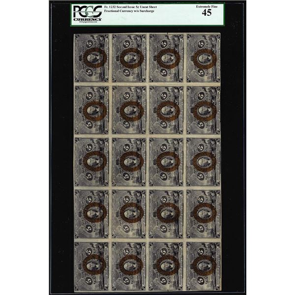Uncut Sheet of (20) 1863 Second Issue Five Cent Fractional Notes PCGS Extremely Fine 45