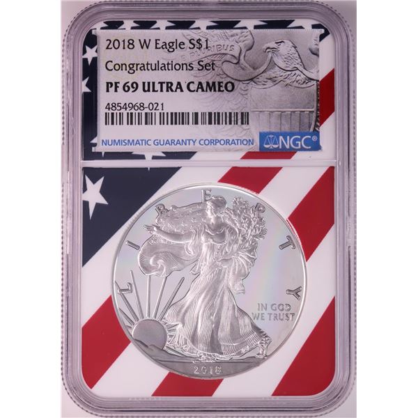 2018-W $1 Proof American Silver Eagle Coin NGC PF69 Ultra Cameo Congratulations Flag