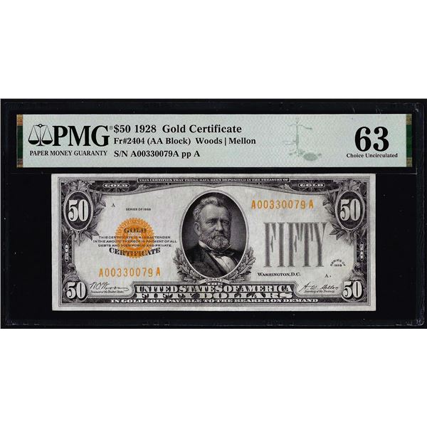 1928 $50 Gold Certificate Note Fr.2404 PMG Choice Uncirculated 63
