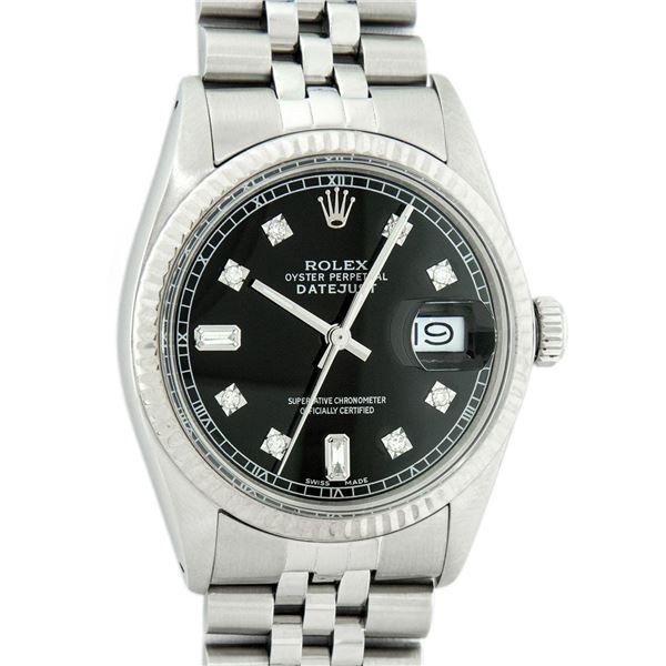 Rolex Men's Stainless Black Diamond Datejust Wristwatch Oyster Perpetual