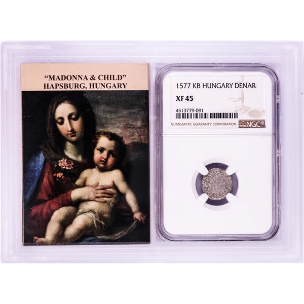 1577 KB Hungary Denar 'Madonna and Child' Coin NGC XF45 w/ Story Box