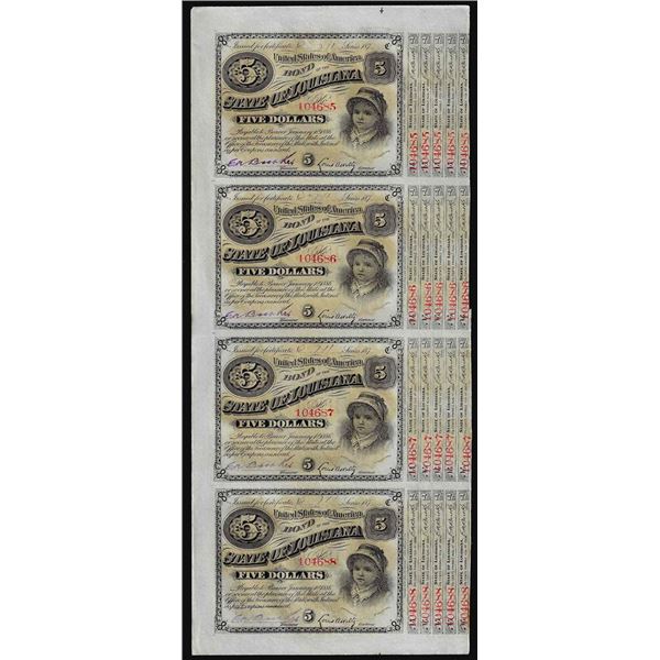 Uncut Sheet of (4) State of Louisiana Baby Bond Obsolete Notes