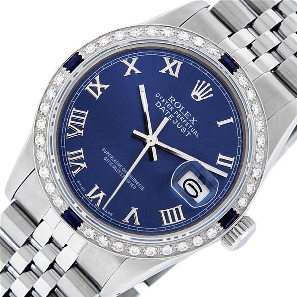 Rolex Mens Stainless Steel Diamond & Sapphire Oyster Perpetual Datejust Wristwatch