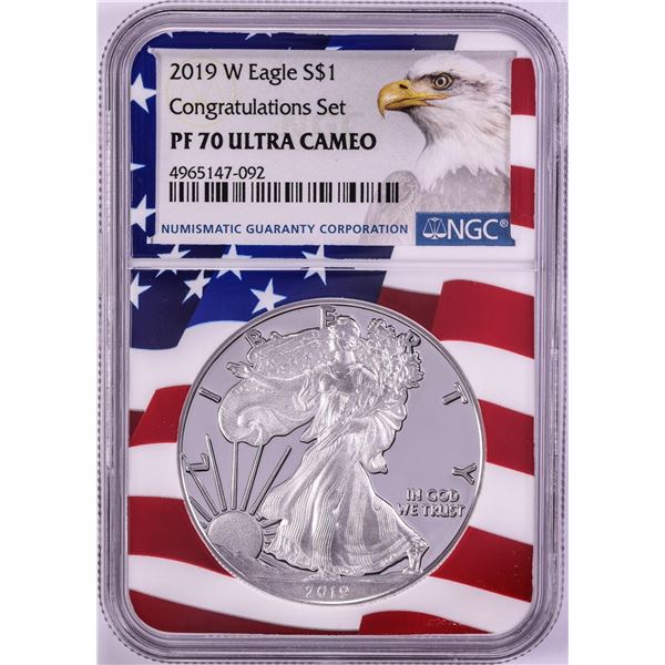 2019-W $1 Proof American Silver Eagle Coin NGC PF70 Ultra Cameo Congratulations Flag