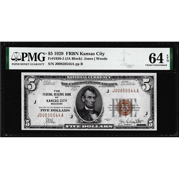 1929 $5 Federal Reserve Bank Note Kansas City Fr.1850-J PMG Choice Uncirculated 64EPQ