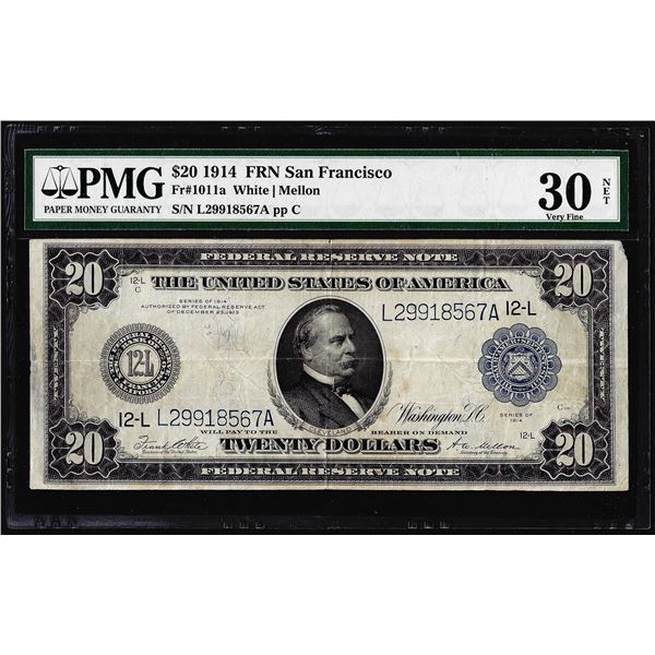 1914 $20 Federal Reserve Note San Francisco Fr.1011a PMG Very Fine 30 Net