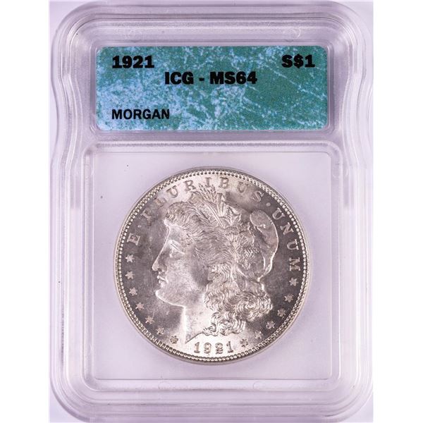 1921 $1 Morgan Silver Dollar Coin ICG MS64