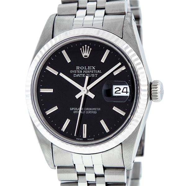 Rolex Mens Stainless Steel Black Index Oyster Perpetual Datejust Wristwatch