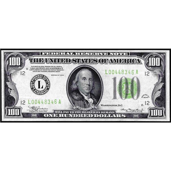 1934 $100 Federal Reserve Note San Francisco Light Green Seal