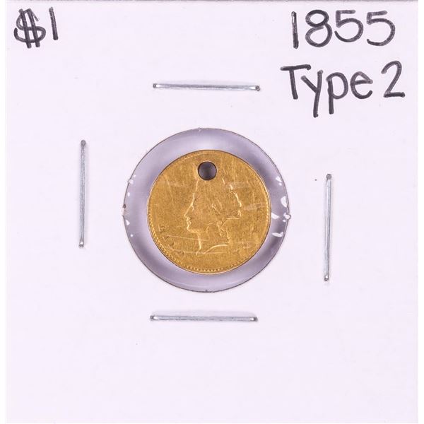 1855 Type 2 $1 Indian Princess Head Gold Dollar Coin with Hole