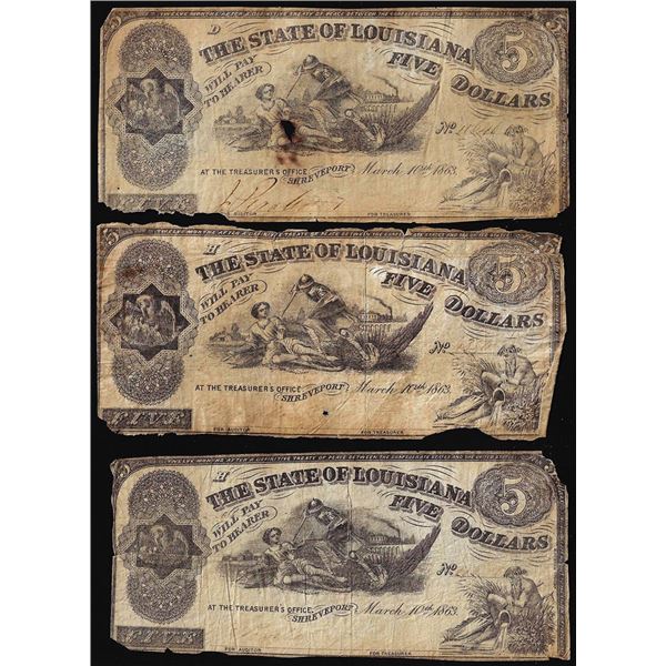 Lot of (3) 1863 $5 The State of Louisiana Baton Rouge, LA Obsolete Banknotes