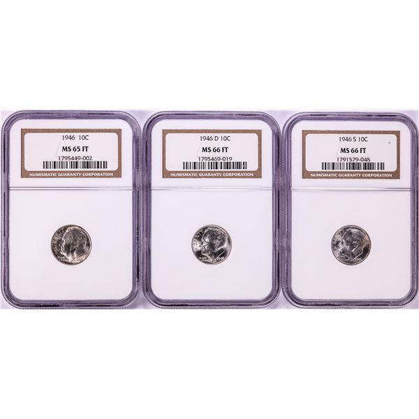 Lot of (3) 1946 Roosevelt Dime Coins NGC MS65FT/MS66FT