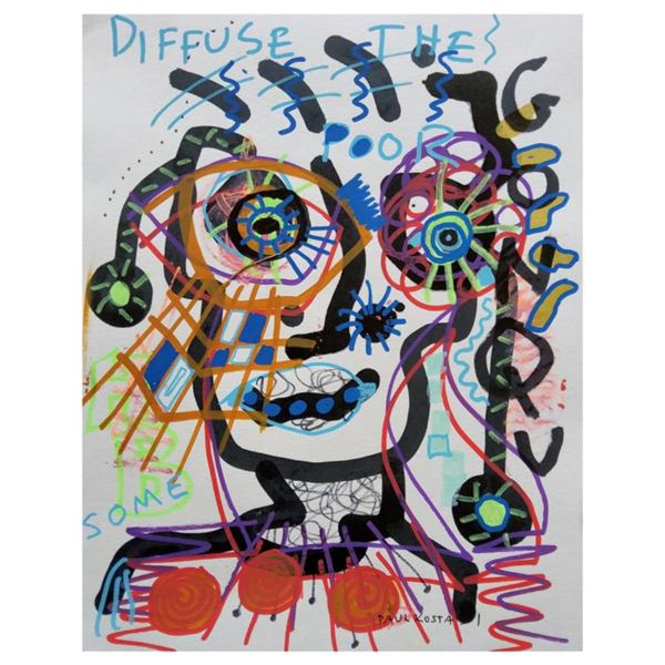 Paul Kostabi, "Diffuse the Poor" Hand Signed Original Painting with Letter of Authenticity.