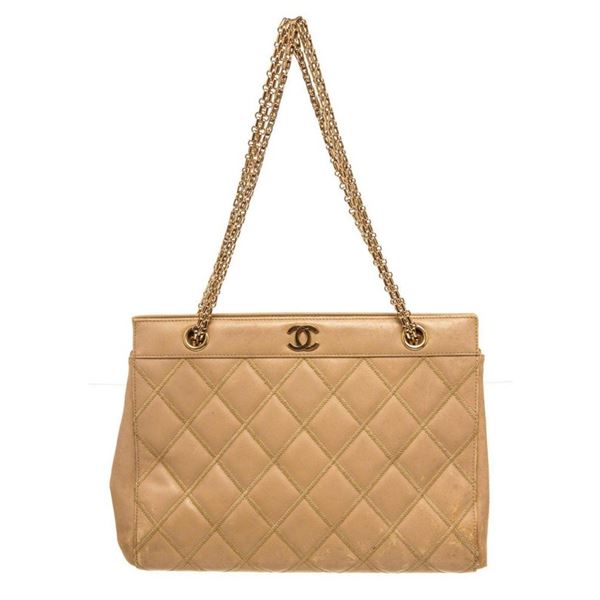 Chanel Beige Leather CC Chain Tote Bag