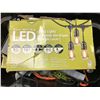 Image 1 : Box of LED 48ft string lights & black tote w/ rope & drill