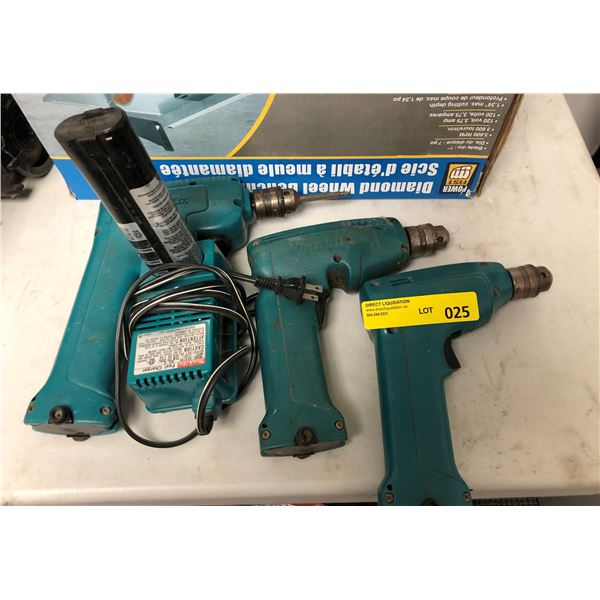 Group of 3 Makita power drills w/ 1 battery charger