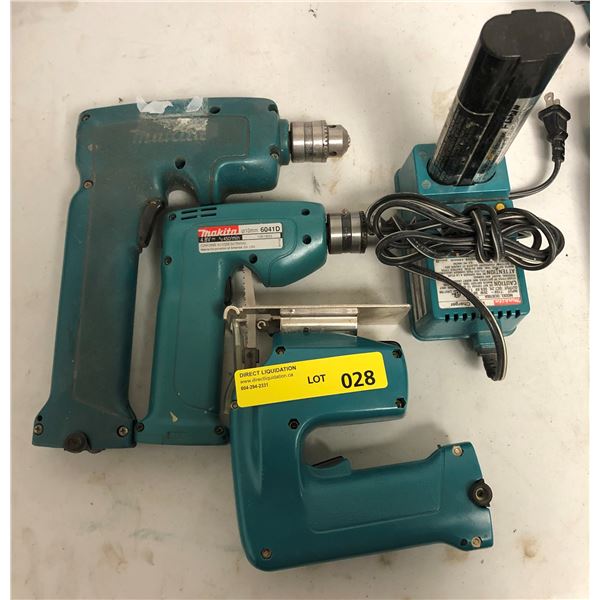Group of 2 Makita power drills w/ battery charger & 1 Makita cordless jigsaw
