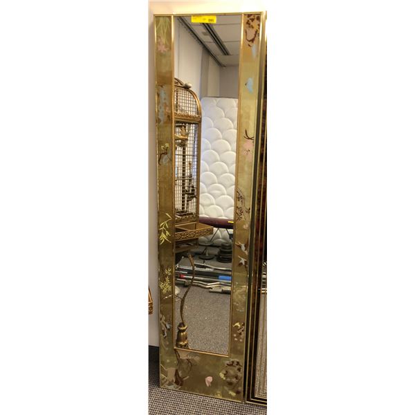 Approx 6â€™ tall mirror from Show, slight damage on corner brass