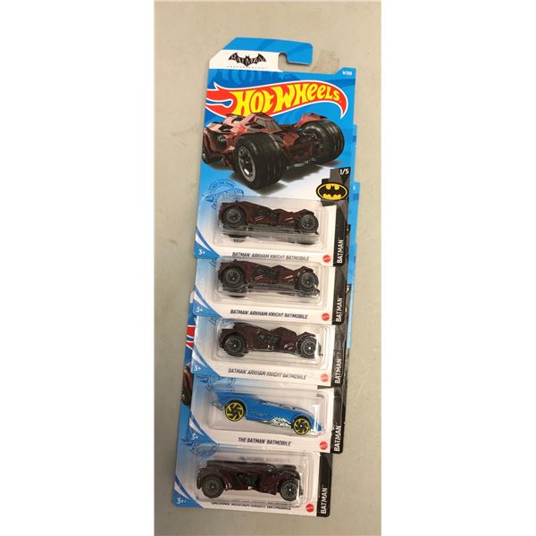 Five Batman Hot Wheels die-cast bat mobiles