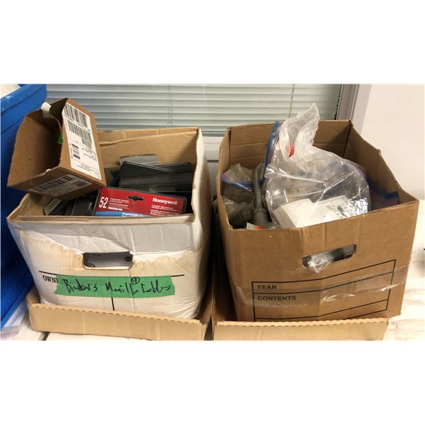 2 Boxes of Misc. Items - Thermostats/Plumbing Items/Electrial Items