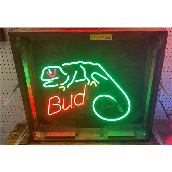 Bud neon sign in wooden frame - approx. 28in x 26in