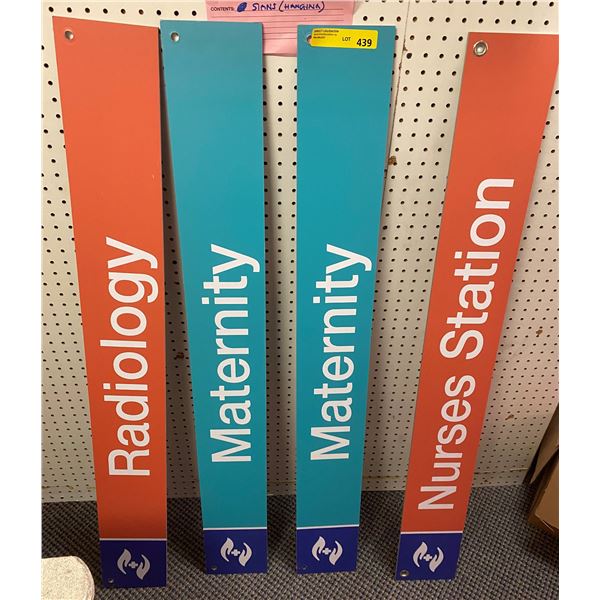 Group of 4 hospital hanging signs - 6in x 46in each - 2 Maternity signs/ 1 Radiology & 1 Nurses Stat