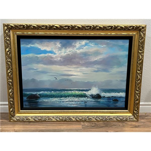 "Seascape with Purple Sky and Seagulls" by Violet Parkhurst: Oil on canvas, 1970s. Hand-signed by th