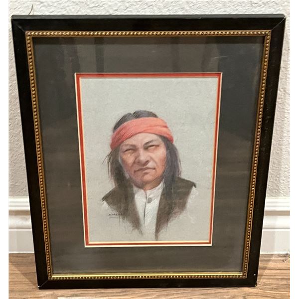 "Apache" Sioux: Charles Theron Imlay. Pastel Portait in Frame & Newpaper article