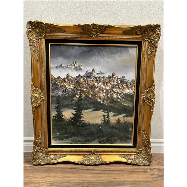 Mountain Landscape and Forest painting, Michael 1979, in gold thick frame